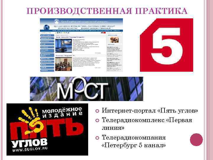 ПРОИЗВОДСТВЕННАЯ ПРАКТИКА Интернет-портал «Пять углов» Телерадиокомплекс «Первая линия» Телерадиокомпания «Петербург 5 канал» 