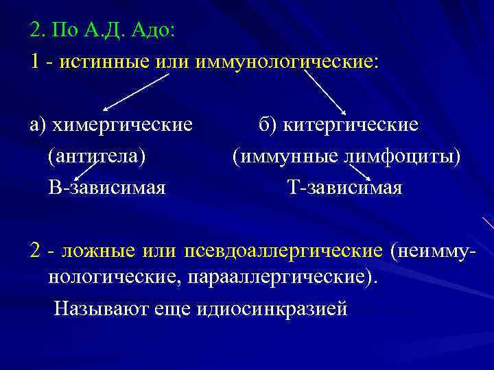 2. По А. Д. Адо: 1 - истинные или иммунологические: а) химергические (антитела) В-зависимая