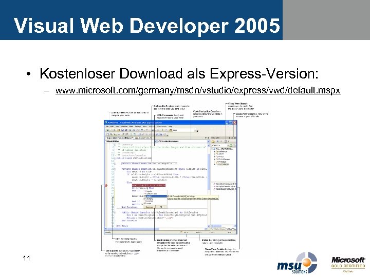 Visual Web Developer 2005 • Kostenloser Download als Express-Version: – www. microsoft. com/germany/msdn/vstudio/express/vwd/default. mspx