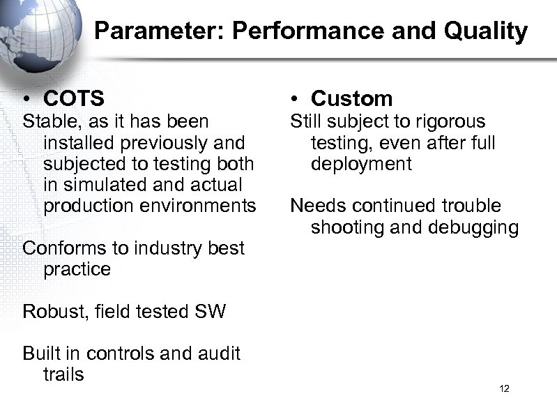 Parameter: Performance and Quality • COTS Stable, as it has been installed previously and