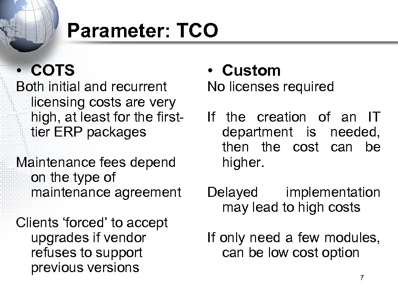 Parameter: TCO • COTS Both initial and recurrent licensing costs are very high, at