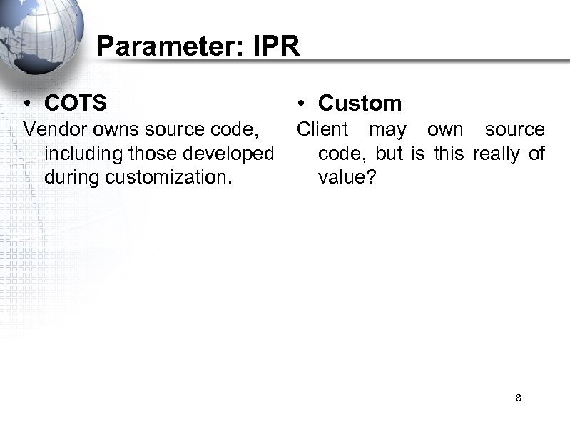 Parameter: IPR • COTS • Custom Vendor owns source code, including those developed during