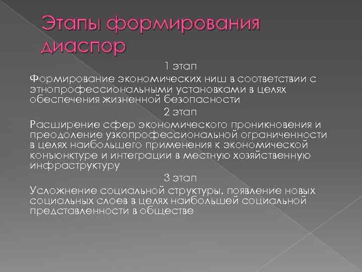 Этапы формирования диаспор 1 этап Формирование экономических ниш в соответствии с этнопрофессиональными установками в