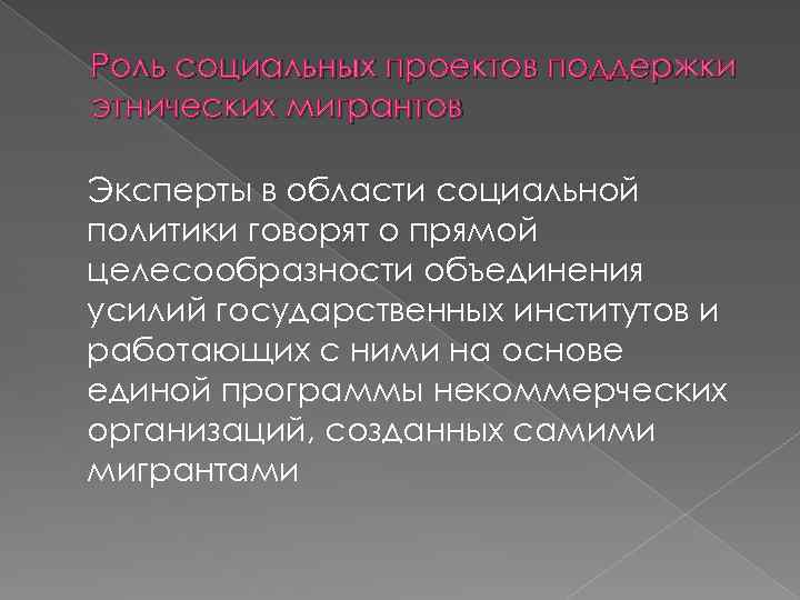 Роль социальных проектов поддержки этнических мигрантов Эксперты в области социальной политики говорят о прямой