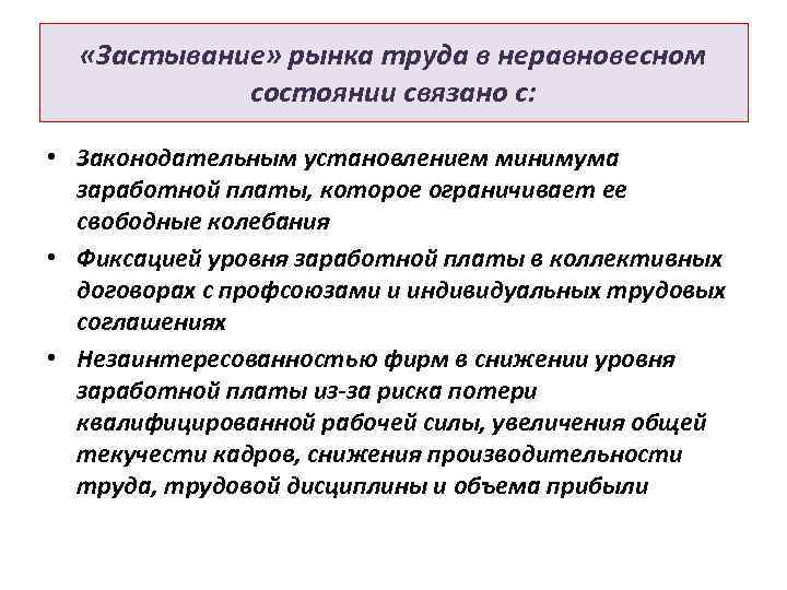 «Застывание» рынка труда в неравновесном состоянии связано с: • Законодательным установлением минимума заработной