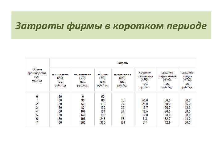 Затраты фирмы в коротком периоде 