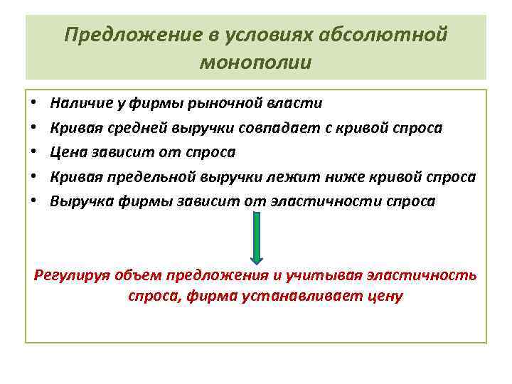 Предложение в условиях абсолютной монополии • • • Наличие у фирмы рыночной власти Кривая