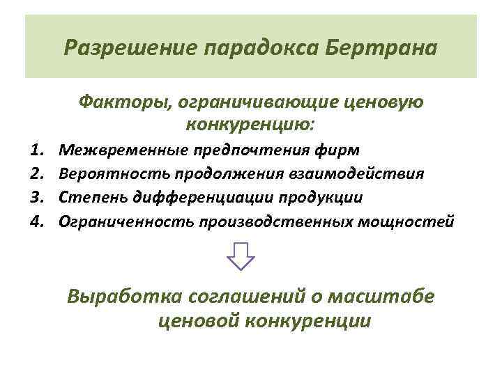 Разрешение парадокса Бертрана Факторы, ограничивающие ценовую конкуренцию: 1. 2. 3. 4. Межвременные предпочтения фирм