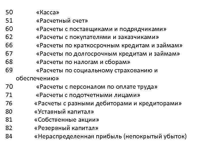 50 51 60 62 66 67 68 69 «Касса» «Расчетный счет» «Расчеты с поставщиками