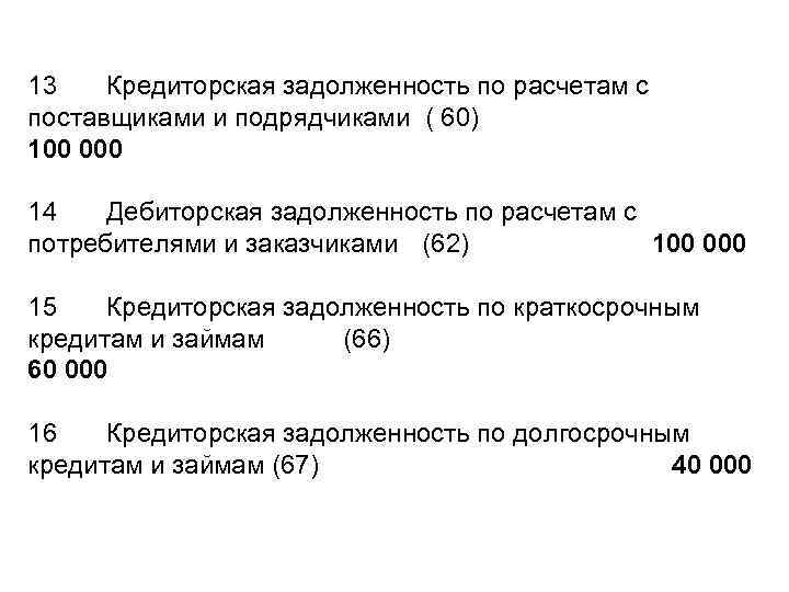13 Кредиторская задолженность по расчетам с поставщиками и подрядчиками ( 60) 100 000 14