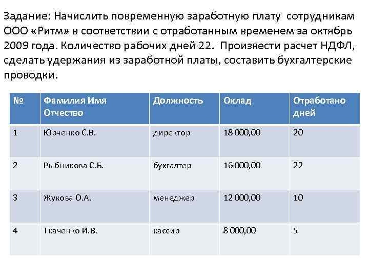 Задание: Начислить повременную заработную плату сотрудникам ООО «Ритм» в соответствии с отработанным временем за