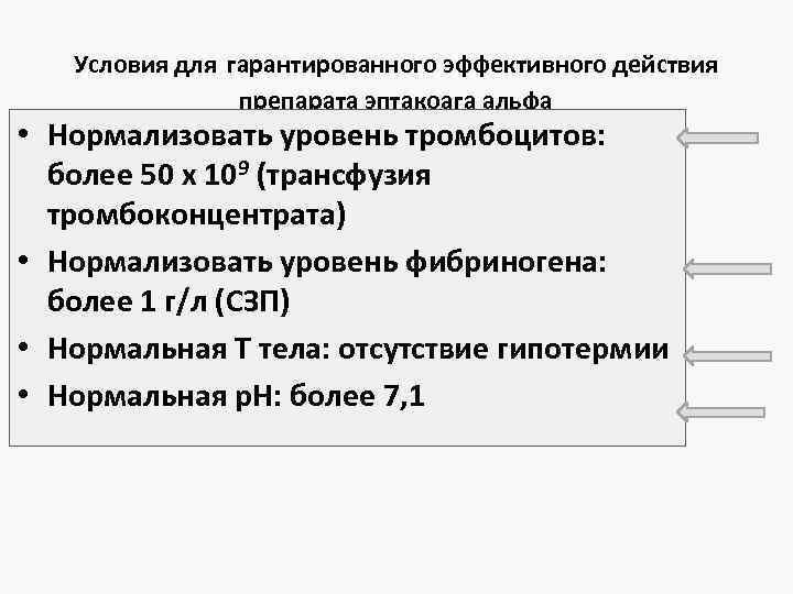  Условия для гарантированного эффективного действия препарата эптакоага альфа • Нормализовать уровень тромбоцитов: более