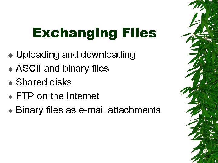 Exchanging Files Uploading and downloading ASCII and binary files Shared disks FTP on the