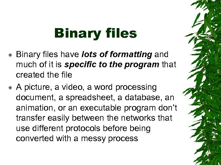 Binary files have lots of formatting and much of it is specific to the