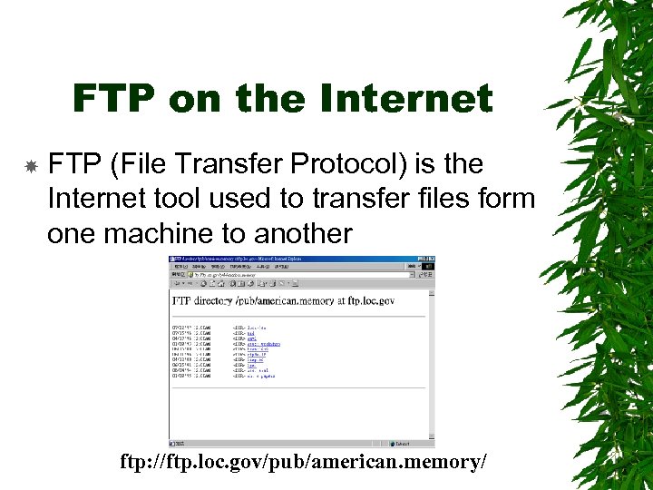 FTP on the Internet FTP (File Transfer Protocol) is the Internet tool used to
