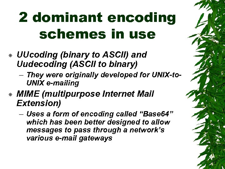 2 dominant encoding schemes in use UUcoding (binary to ASCII) and Uudecoding (ASCII to