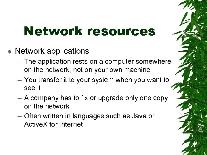 Network resources Network applications – The application rests on a computer somewhere on the