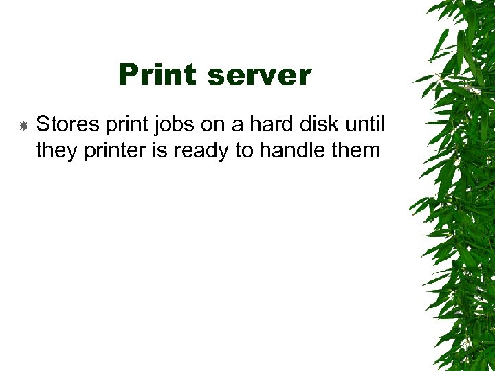 Print server Stores print jobs on a hard disk until they printer is ready