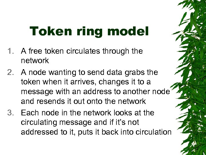 Token ring model 1. A free token circulates through the network 2. A node