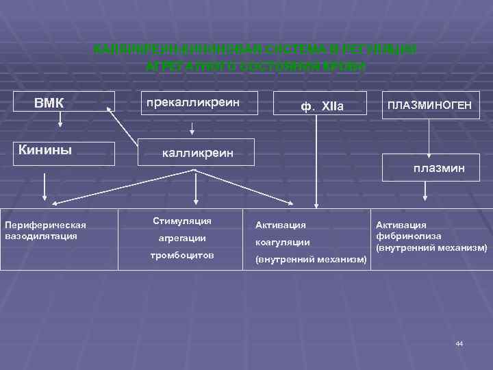 КАЛЛИКРЕИН-КИНИНОВАЯ СИСТЕМА В РЕГУЛЯЦИИ АГРЕГАТНОГО СОСТОЯНИЯ КРОВИ ВМК Кинины прекалликреин ф. XIIа ПЛАЗМИНОГЕН калликреин