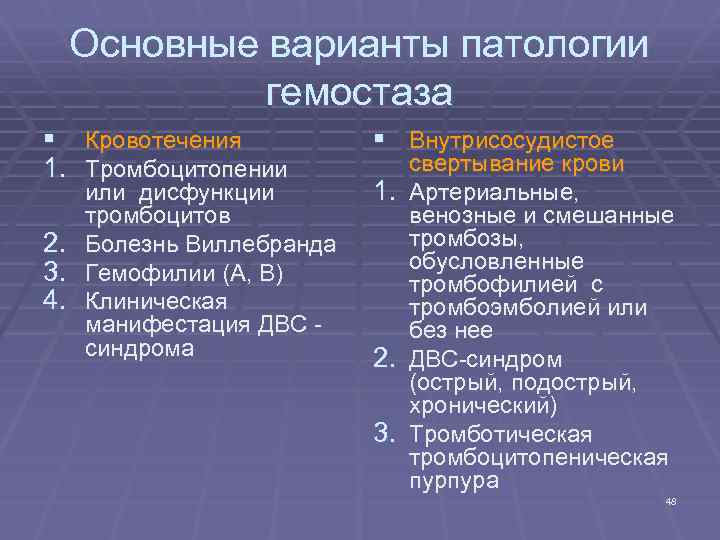 Основные варианты патологии гемостаза § Кровотечения 1. Тромбоцитопении 2. 3. 4. или дисфункции тромбоцитов