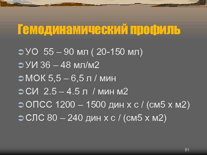 Гемодинамический профиль Ü УО 55 – 90 мл ( 20 -150 мл) Ü УИ