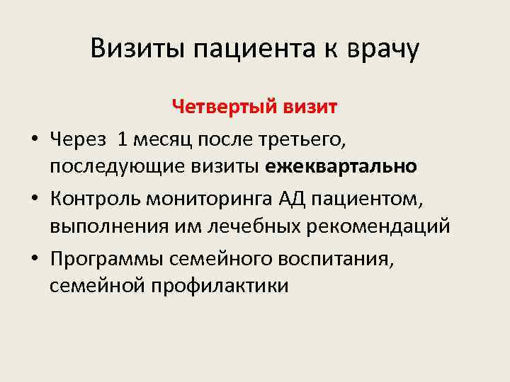 Визиты пациента к врачу Четвертый визит • Через 1 месяц после третьего, последующие визиты