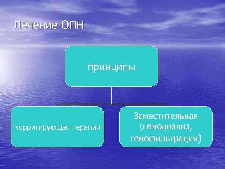 Лечение ОПН принципы Корригирующая терапия Заместительная (гемодиализ, гемофильтрация) 