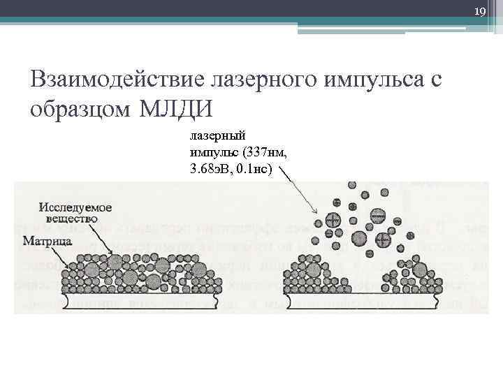 19 Взаимодействие лазерного импульса с образцом МЛДИ лазерный импульс (337 нм, 3. 68 э.