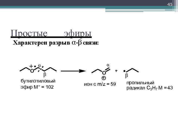 45 Простые эфиры Характерен разрыв α-β связи: O бутилэтиловый эфир M+ = 102 O