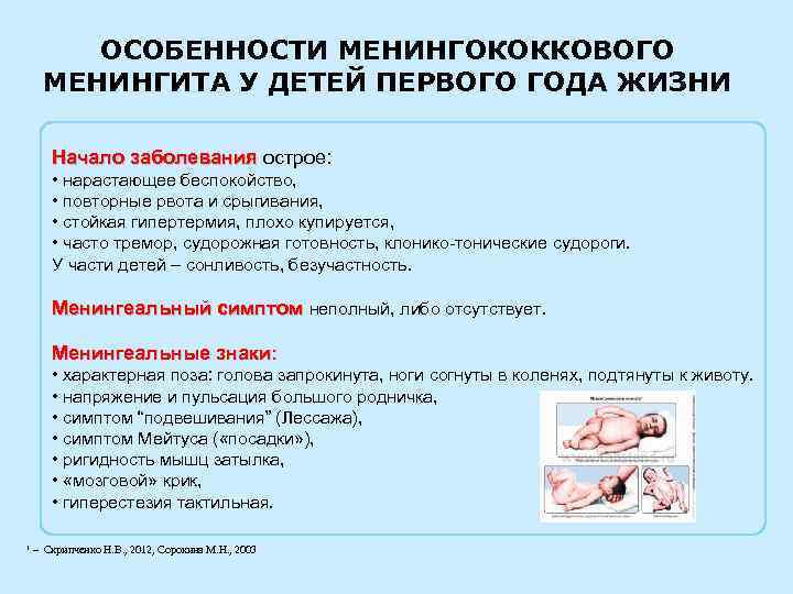 ОСОБЕННОСТИ МЕНИНГОКОККОВОГО МЕНИНГИТА У ДЕТЕЙ ПЕРВОГО ГОДА ЖИЗНИ Начало заболевания острое: • нарастающее беспокойство,