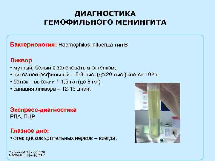 ДИАГНОСТИКА ГЕМОФИЛЬНОГО МЕНИНГИТА Бактериология: Haemophilus influenza тип B Ликвор • мутный, белый с зеленоватым