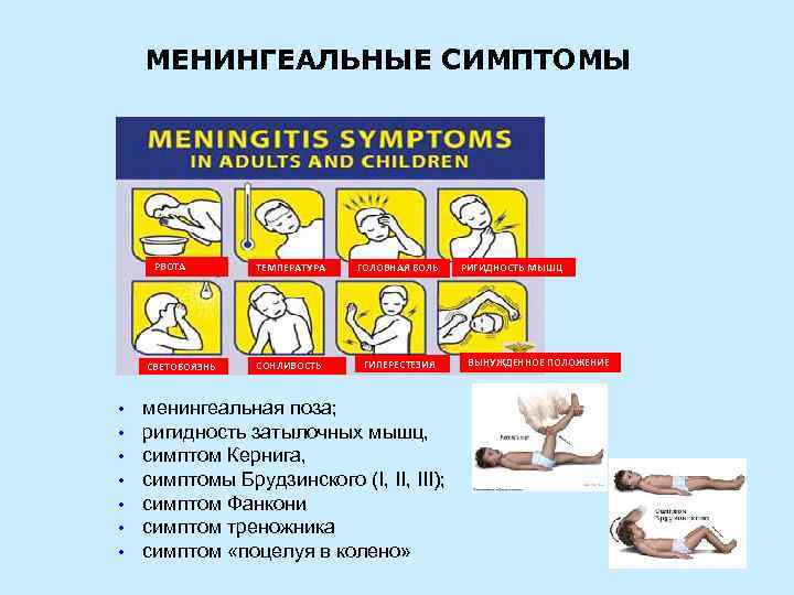 МЕНИНГЕАЛЬНЫЕ СИМПТОМЫ РВОТА СВЕТОБОЯЗНЬ • • ТЕМПЕРАТУРА ГОЛОВНАЯ БОЛЬ СОНЛИВОСТЬ ГИПЕРЕСТЕЗИЯ менингеальная поза; ригидность