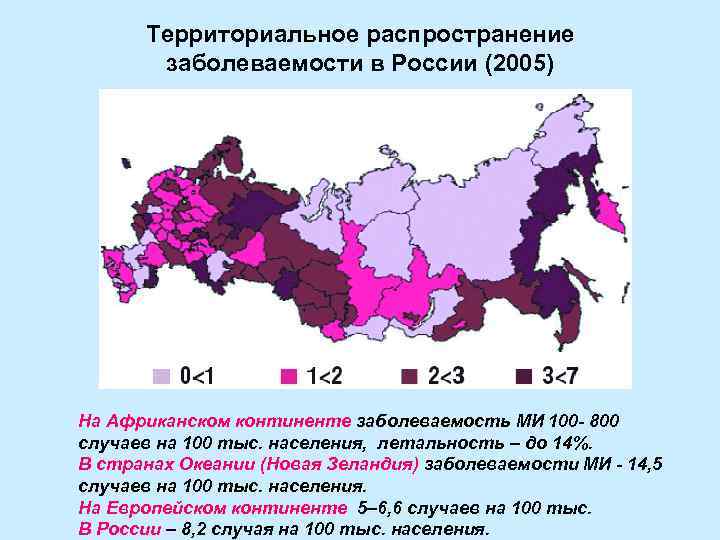 Территориальное распространение заболеваемости в России (2005) На Африканском континенте заболеваемость МИ 100 - 800