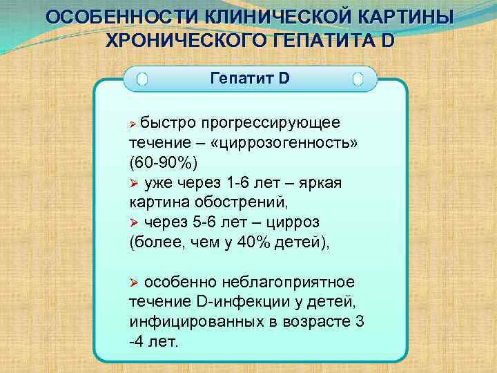 ОСОБЕННОСТИ КЛИНИЧЕСКОЙ КАРТИНЫ ХРОНИЧЕСКОГО ГЕПАТИТА D Гепатит D быстро прогрессирующее течение – «циррозогенность» (60