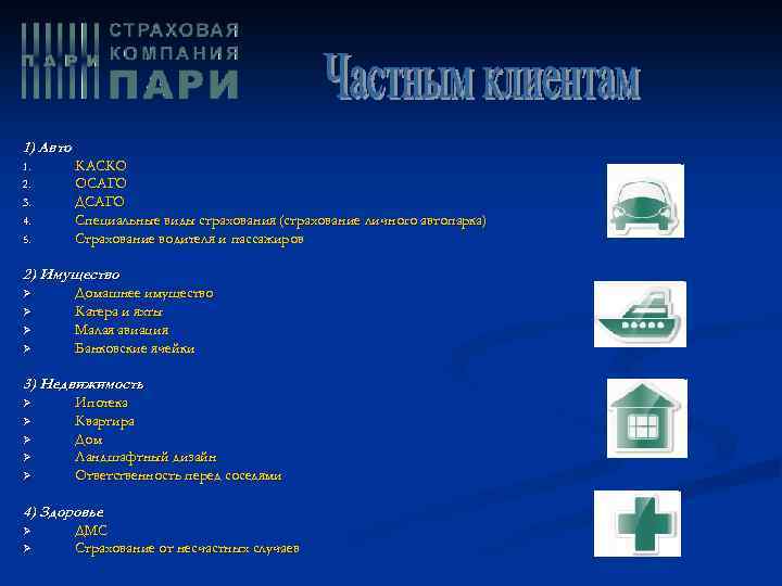 1) Авто 1. 2. 3. 4. 5. КАСКО ОСАГО ДСАГО Специальные виды страхования (страхование