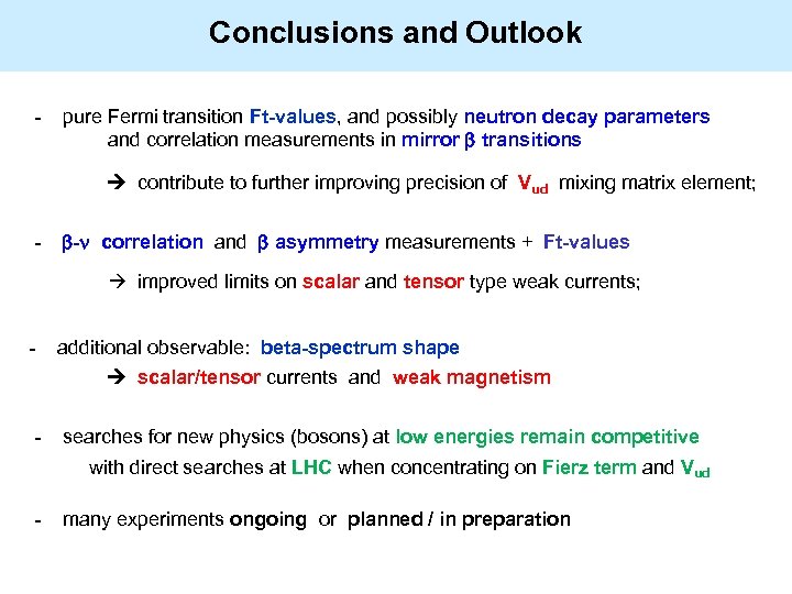 Conclusions and Outlook - pure Fermi transition Ft-values, and possibly neutron decay parameters and