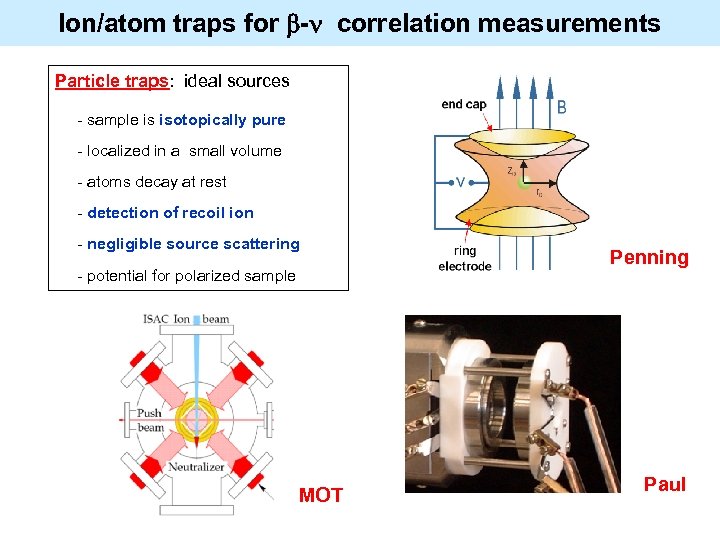 Ion/atom correlation measurements Most precise traps for - correlation measurements Particle traps: ideal sources