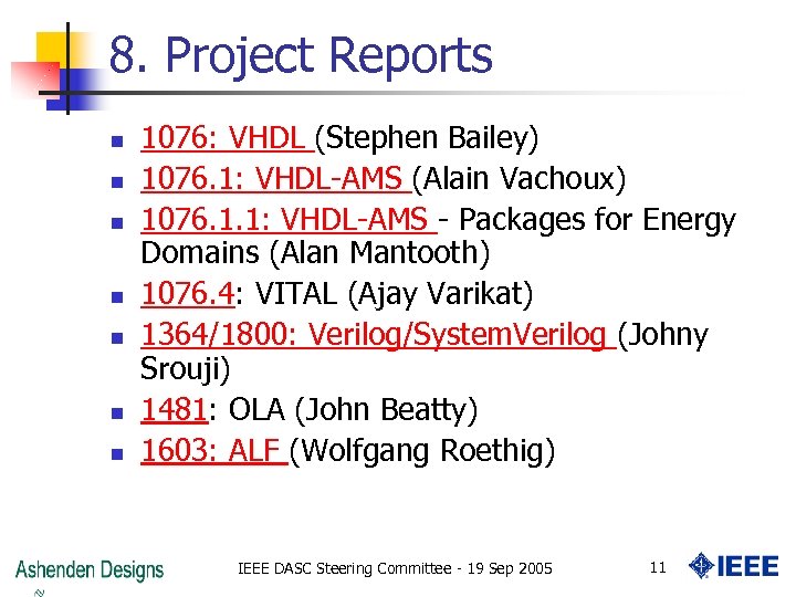 8. Project Reports n n n n 1076: VHDL (Stephen Bailey) 1076. 1: VHDL-AMS