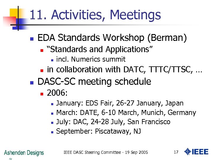 11. Activities, Meetings n EDA Standards Workshop (Berman) n “Standards and Applications” n n