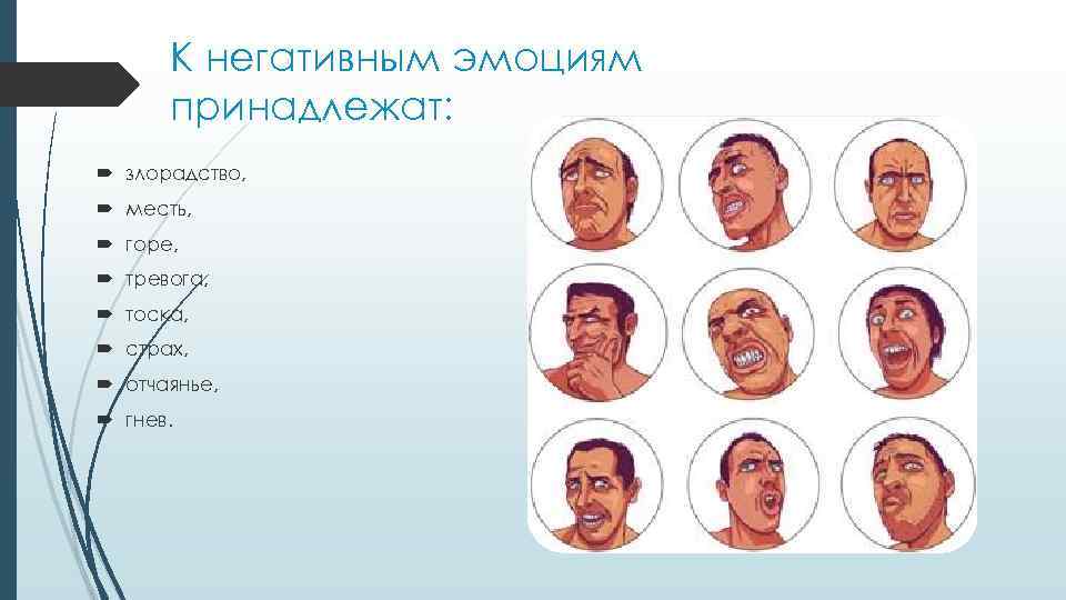 К негативным эмоциям принадлежат: злорадство, месть, горе, тревога, тоска, страх, отчаянье, гнев. 