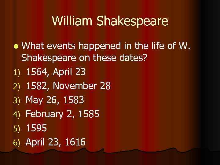 William Shakespeare l What events happened in the life of W. Shakespeare on these