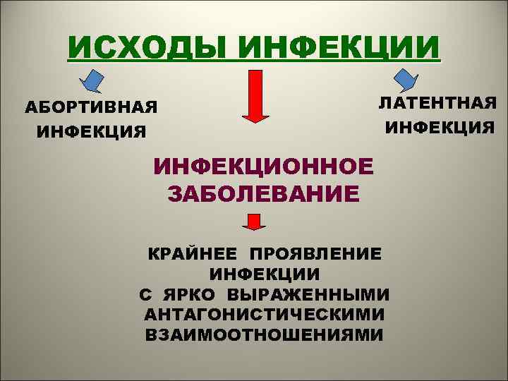 ИСХОДЫ ИНФЕКЦИИ АБОРТИВНАЯ ИНФЕКЦИЯ ЛАТЕНТНАЯ ИНФЕКЦИОННОЕ ЗАБОЛЕВАНИЕ КРАЙНЕЕ ПРОЯВЛЕНИЕ ИНФЕКЦИИ С ЯРКО ВЫРАЖЕННЫМИ АНТАГОНИСТИЧЕСКИМИ