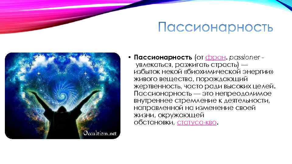  • Пассионарность (от фран. passioner увлекаться, разжигать страсть) — избыток некой «биохимической энергии»