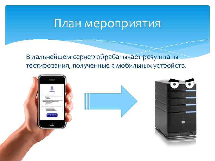 План мероприятия В дальнейшем сервер обрабатывает результаты тестирования, полученные с мобильных устройств. 