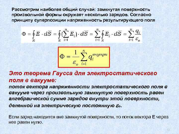 Рассмотрим наиболее общий случай: замкнутая поверхность произвольной формы окружает несколько зарядов. Согласно принципу суперпозиции