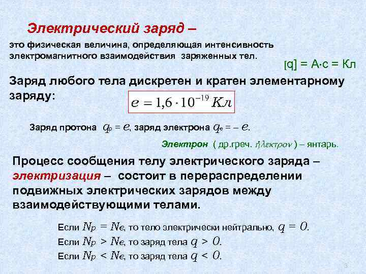 Электрический заряд – это физическая величина, определяющая интенсивность электромагнитного взаимодействия заряженных тел. [q] =