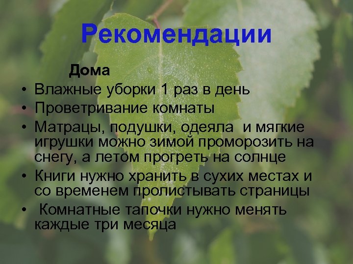 Рекомендации Дома • Влажные уборки 1 раз в день • Проветривание комнаты • Матрацы,