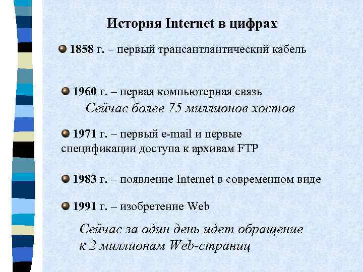 История Internet в цифрах 1858 г. – первый трансантлантический кабель 1960 г. – первая