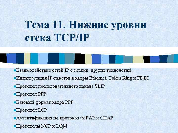 Тема 11. Нижние уровни стека TCP/IP n. Взаимодействие n. Инкапсуляция сетей IP с сетями